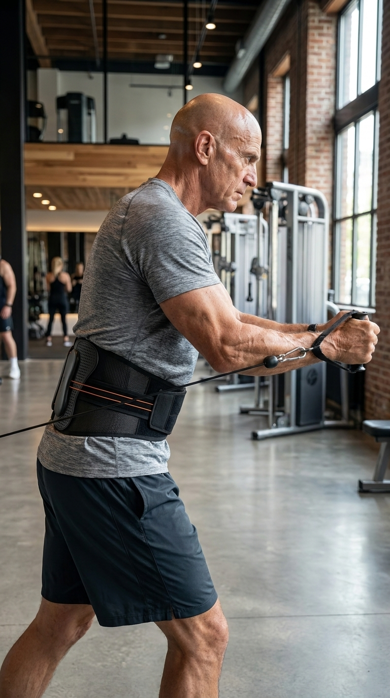 LumbarFlex Pro Back Brace worn during a gym workout